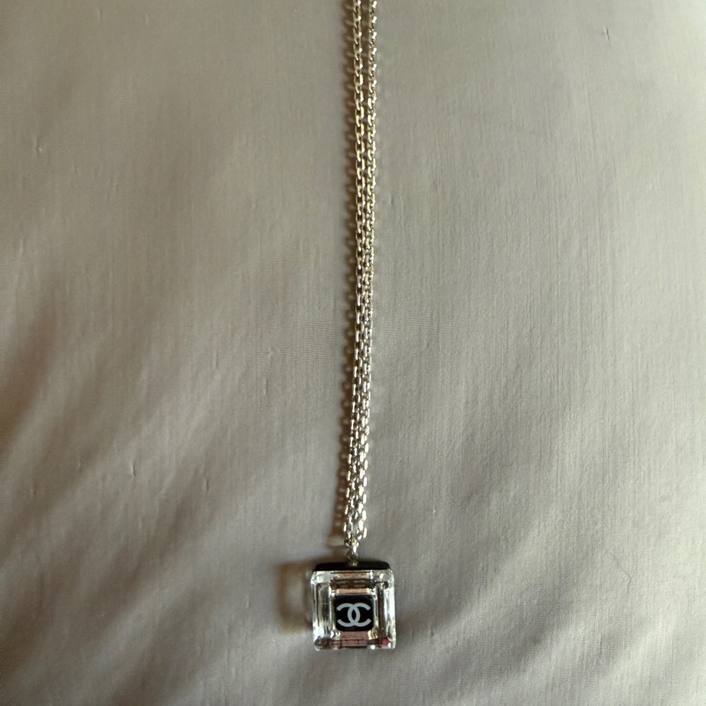 CHANEL Black and Clear Cube Pendant Necklace